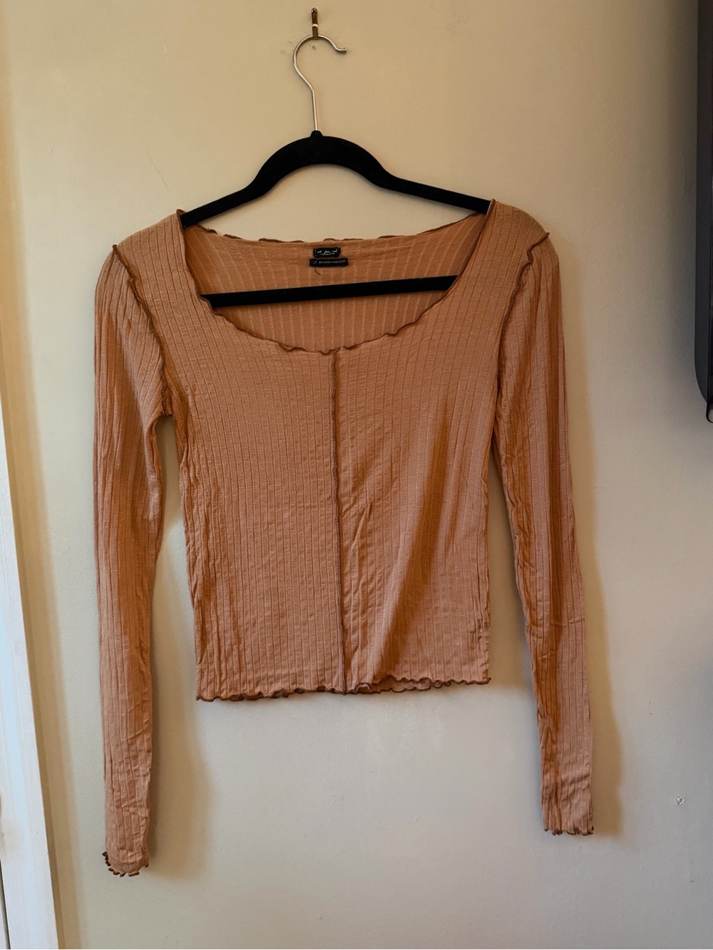 Urban Outfitters Ribbed Square-Neck Long Sleeve Top - Camel